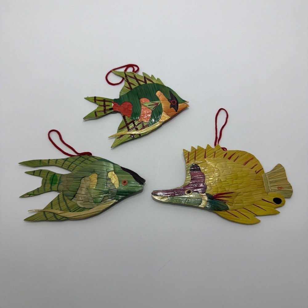 Vintage Set Of 3 Tropical Fish Bamboo Christmas Ornaments Window Hangers